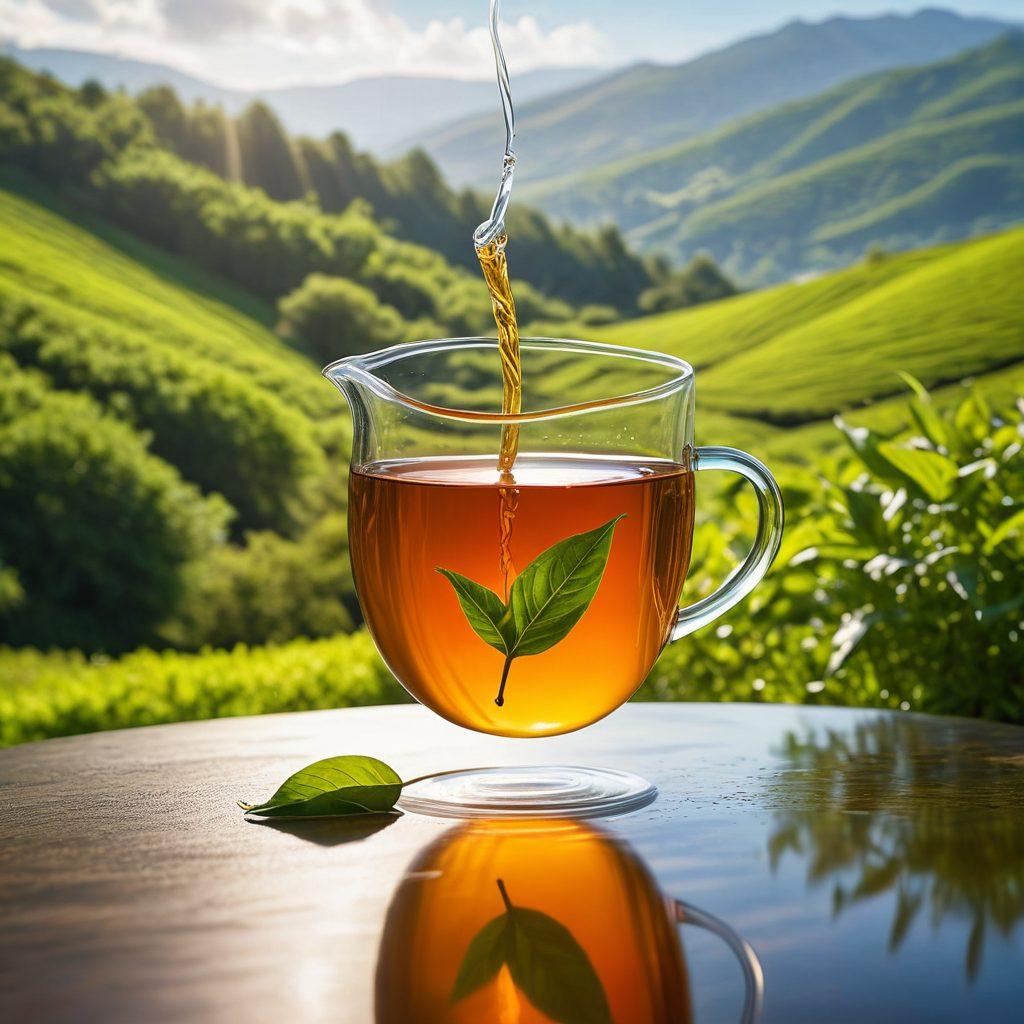 A futuristic tea bag floating elegantly in a glass of steaming, vibrant herbal tea, surrounded by lush green leaves to symbolize eco-friendliness. The background features a serene landscape with rolling hills, showcasing a sustainable tea plantation. Sunlight filters through, casting a warm glow on the scene with hints of digital elements representing innovation. super-realistic. vibrant colors. serene background.