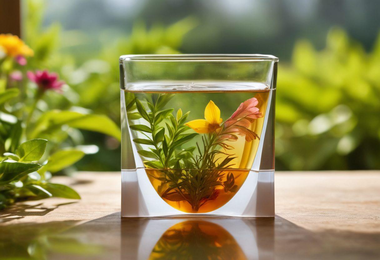 A close-up of a vibrant, infused tea bag gently steeping in a clear glass of water, showcasing colorful herbs and flowers. Surrounding the tea bag, depict a natural, biodegradable packaging with green leaves and sustainable symbols, blending seamlessly into a serene background of a lush tea garden. Add soft sunlight filtering through the leaves for an inviting atmosphere. super-realistic. vibrant colors. natural setting.