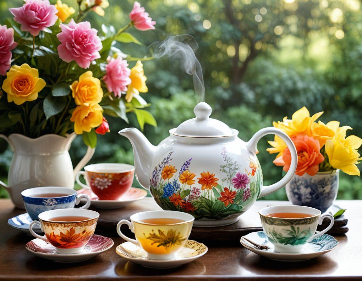 An elegant display of various premium and specialty tea bags arranged in an artistic manner, showcasing vibrant colors and unique designs. Include a steaming teapot and delicate china cups in the foreground, surrounded by fresh tea leaves and blooming flowers. The background should feature a calming, natural setting with soft sunlight filtering through lush greenery. Capture a sense of tranquility and indulgence. super-realistic. vibrant colors. natural setting.